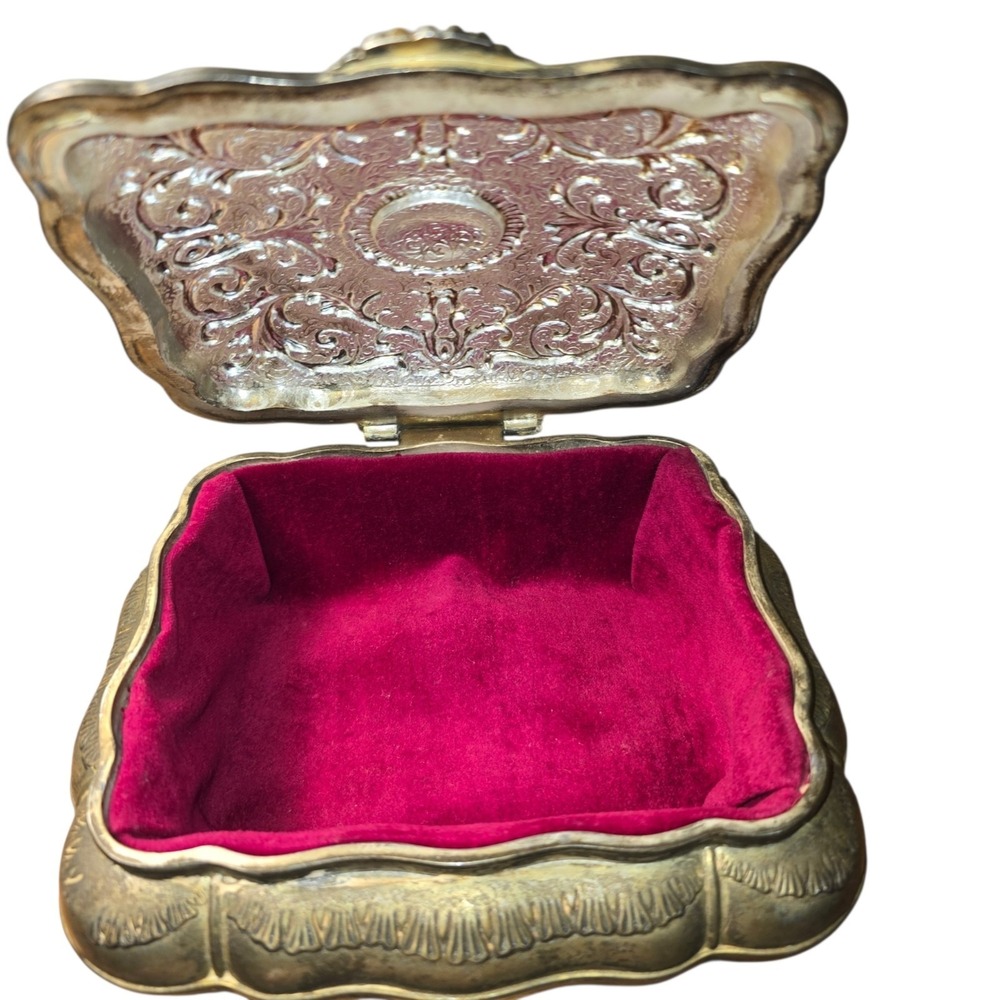 Vtg Silver Plate Victorian Jewelry, Trinket Box Red Velvet Lined Heritage Mint